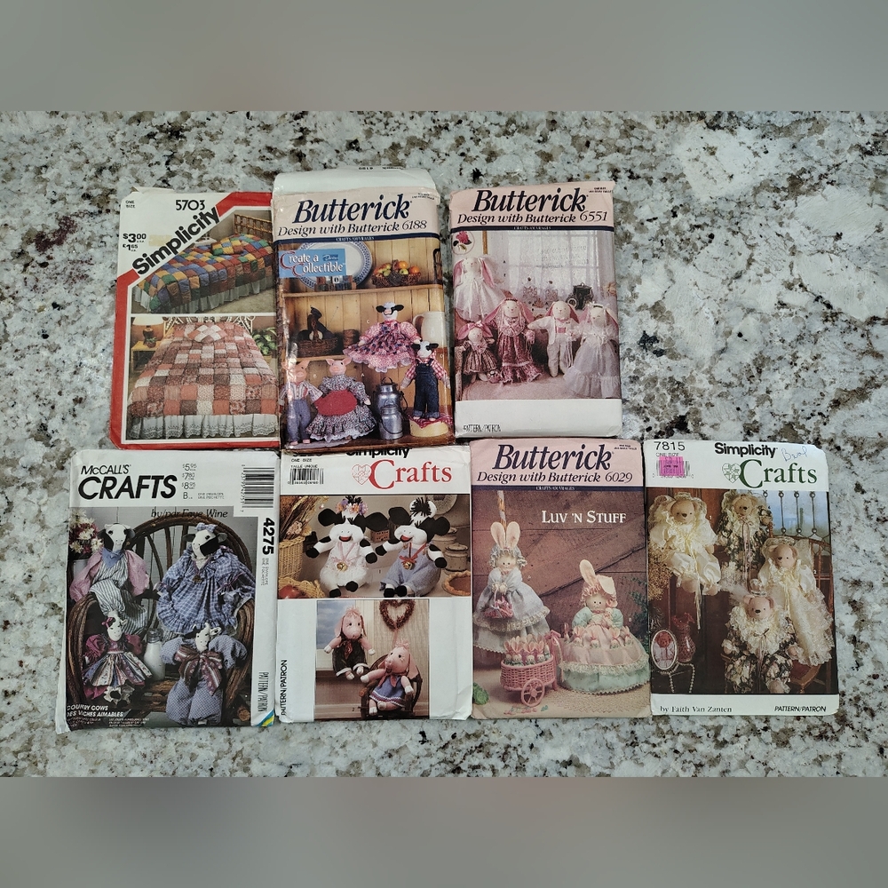 Vintage Craft Sewing Pattern Lot Cows, Bunnies‎ Dolls Quilt Butterick Simplicity